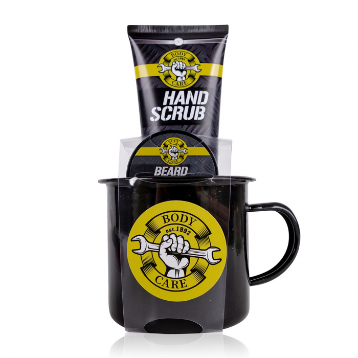 Set cadou barbati, ceara barba, scrub, cana metal, Bath set BATH BODY TOOLS in tin cup, incl. 100ml hand scrub for dirty hands, 20g beard wax, fragrance: Musk, col.: black/yellow/grey, PU 6/24, set [2]