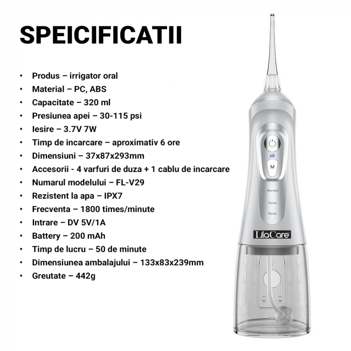 Irigator oral Lila Care, portabil, USB, jet de apa dentar, 3 moduri, rezervor de apa impermeabil dinti, 4 capete inlocuibile, 320 ml, Alb [4]
