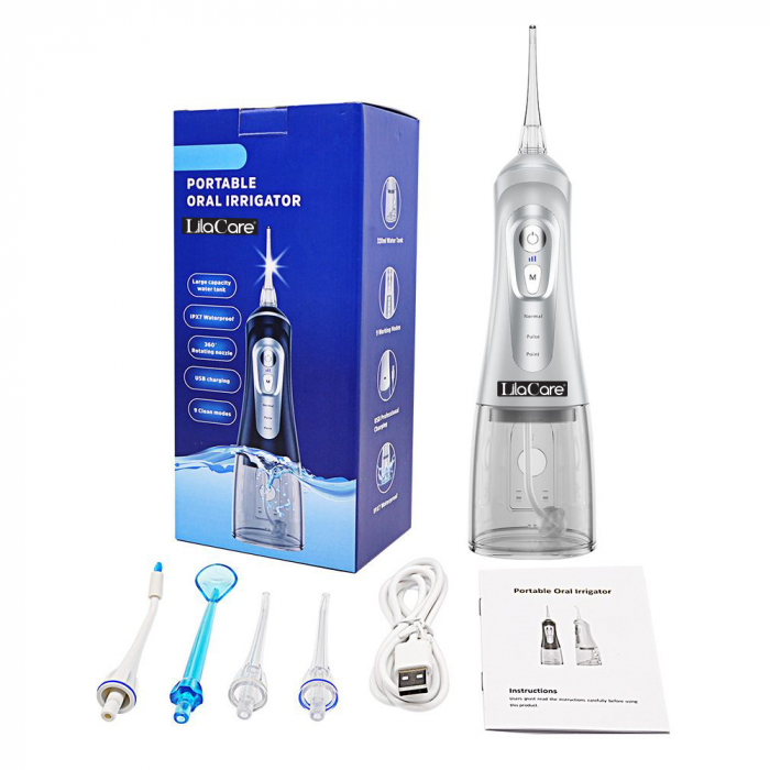 Irigator oral Lila Care, portabil, USB, jet de apa dentar, 3 moduri, rezervor de apa impermeabil dinti, 4 capete inlocuibile, 320 ml, Alb [2]