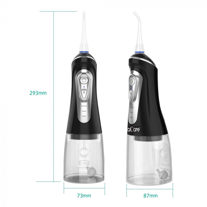 Irigator oral Lila Care, portabil, USB, jet de apa dentar, 3 moduri, rezervor de apa impermeabil dinti, 4 capete inlocuibile, 320 ml, Negru [5]