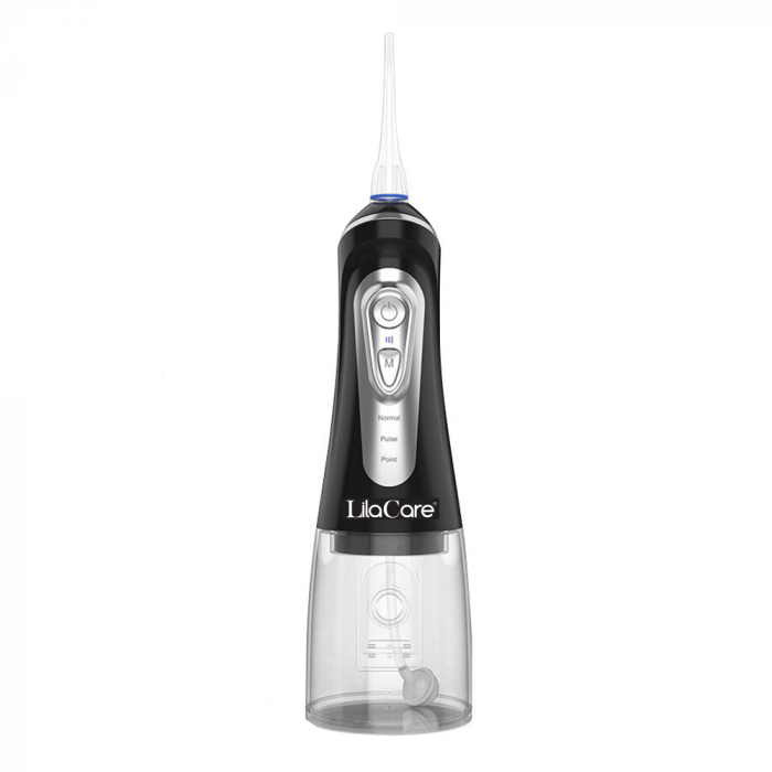 Irigator oral Lila Care, portabil, USB, jet de apa dentar, 3 moduri, rezervor de apa impermeabil dinti, 4 capete inlocuibile, 320 ml, Negru [2]