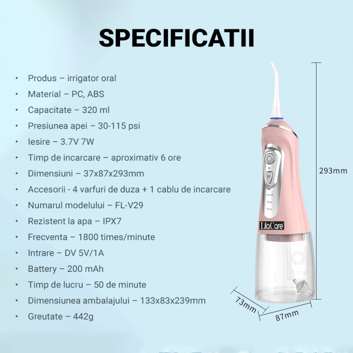 Irigator oral Lila Care, portabil, USB, jet de apa dentar, 3 moduri, rezervor de apa impermeabil dinti, 4 capete inlocuibile, 320 ml, Roz [4]