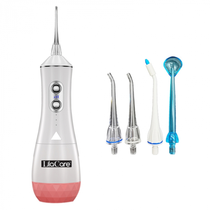Irigator oral Lila Care, portabil, USB, jet de apa dentar, rezervor de apa impermeabil, 320 ml, rezistent la apa, 4 capete inlocuibile, Alb, 505 [1]