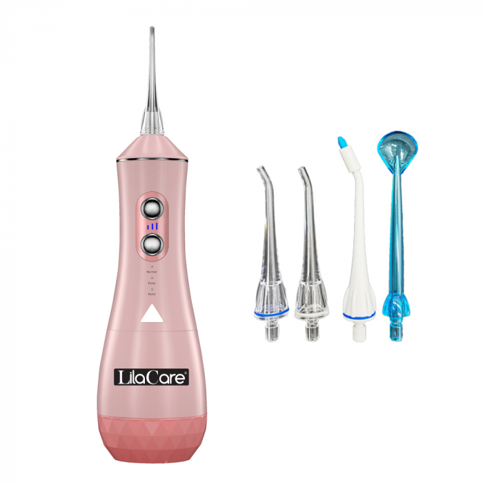 Irigator oral Lila Care, portabil, USB, jet de apa dentar, rezervor de apa impermeabil, 320 ml, rezistent la apa, 4 capete inlocuibile, Roz [2]