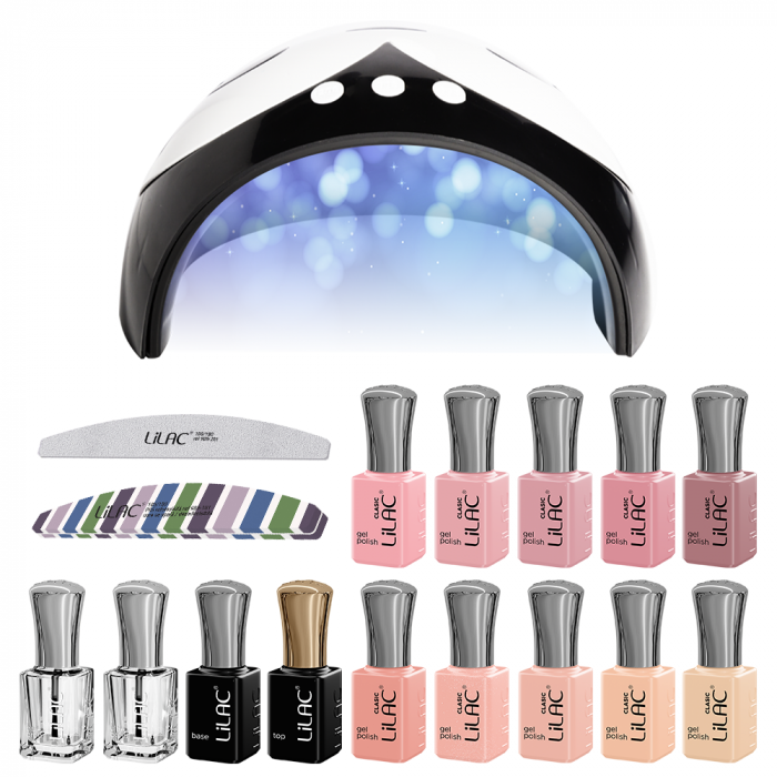 Kit oja semipermanenta Lilac, 14 oje, 10 Nude Colors + Top Coat + Base Coat + Nail Prep + Ultra Bond, Lampa 36 W, pila unghii si buffer [11]