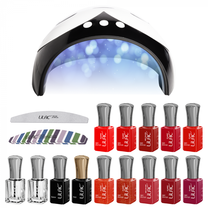 Kit oja semipermanenta Lilac, 14 oje, 10 Red Colors + Top Coat + Base Coat + Nail Prep + Ultrabond, Lampa 36 W, pila unghii si buffer [11]