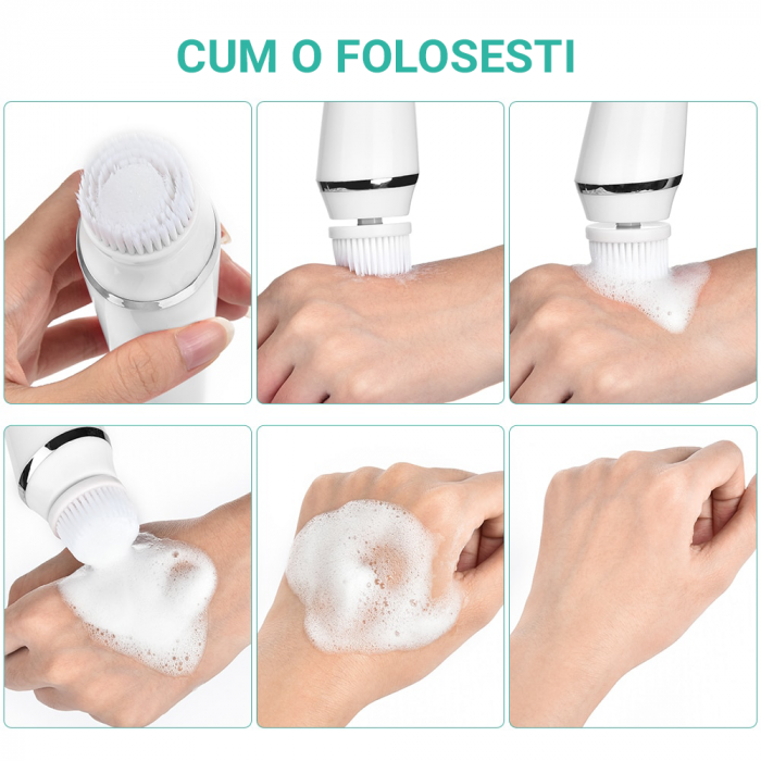 Perie electrica pentru curatarea fetei Lila Care, 4 capete diferite, tehologie de rotatie, acumulator, alb [9]