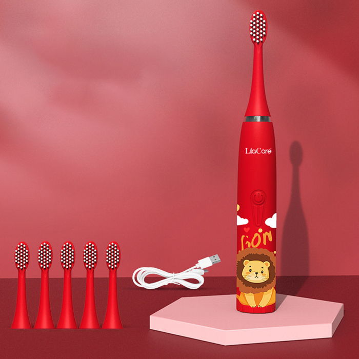 Periuta de dinti electrica Lila Care, pentru copii, rezistent la apa, cu incarcare USB, 6 capete inlocuibile, 4 moduri de vibratii, rosu [2]