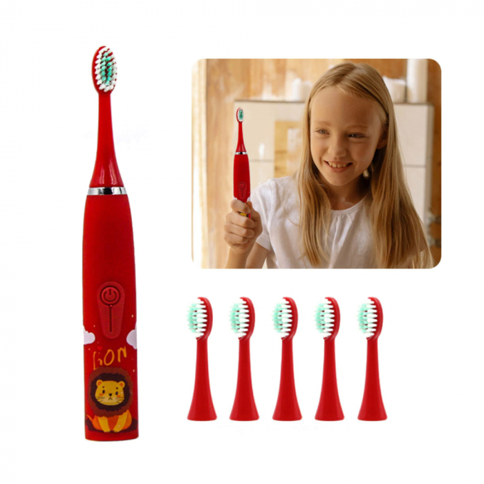 Periuta de dinti electrica Lila Care, pentru copii, rezistent la apa, cu incarcare USB, 6 capete inlocuibile, 4 moduri de vibratii, rosu [3]