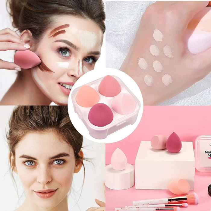 Set 4 bureti machiaj, pentru aplicarea fondului de ten, Blender, stil lacrima Top Choice 38538, cu cutie depozitare [6]