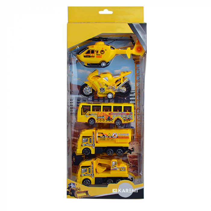 Set 5 masinute Karemi, seria de inginerie in constructii, cu elicopter, motocicleta, autobuz, cisterna, excavator, galbene [8]