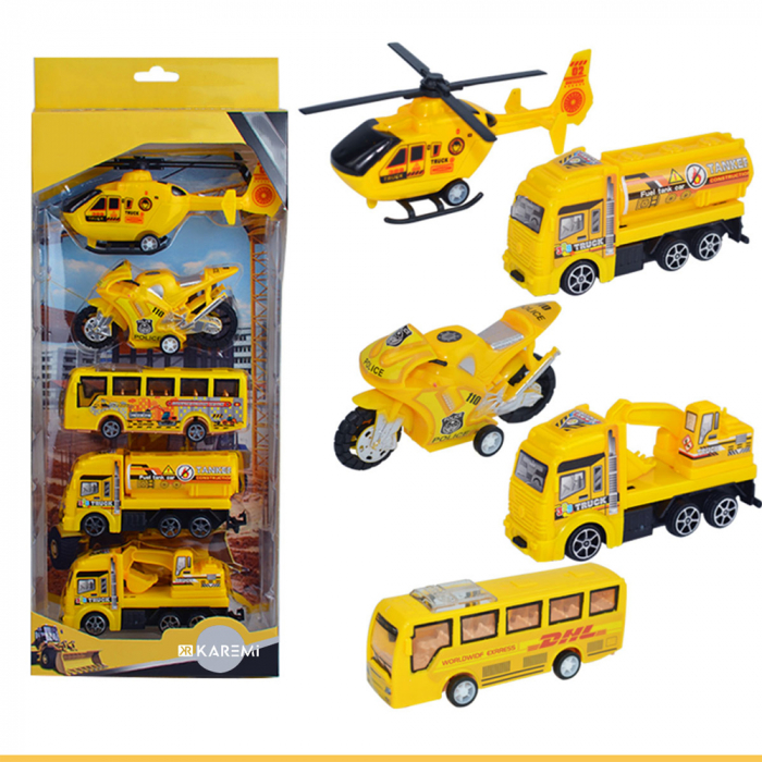 Set 5 masinute Karemi, seria de inginerie in constructii, cu elicopter, motocicleta, autobuz, cisterna, excavator, galbene [6]