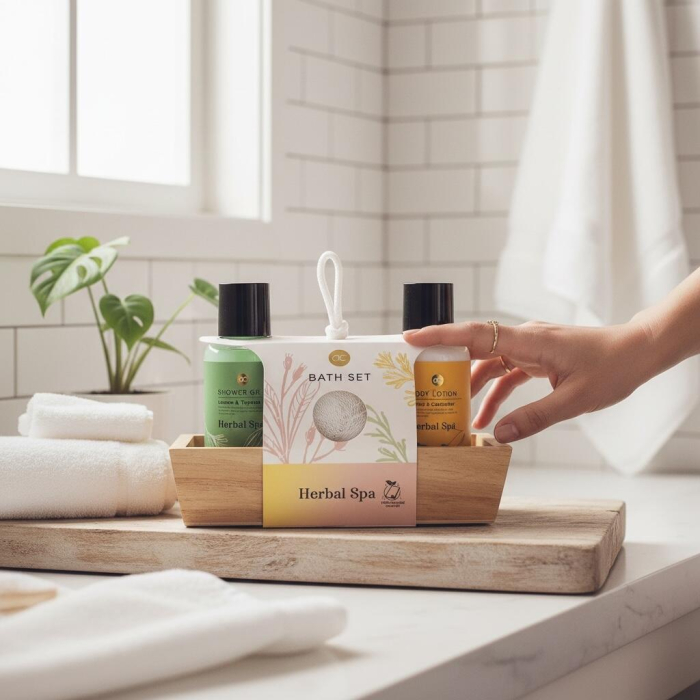 Set baie 3 produse de ingrijire corporala Herbal Spa, in tava din lemn, Accentra, 6059178 [4]