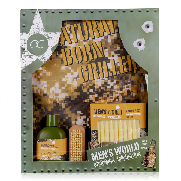Set cadou barbati, gel de dus, sapun, perie, sort gratar, Bath set MEN'S WORLD in paper gift box, incl. 200ml body wash, 200g ammunition soap, wooden nail brush, grill apron 'Natural Born Griller' wit [3]
