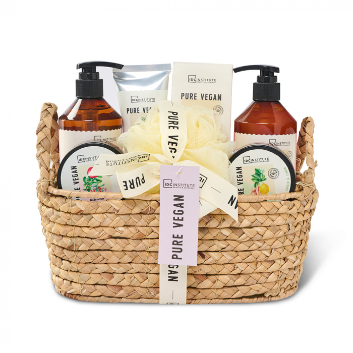 Set cadou femei, IDC INSTITUTE PURE VEGAN 7 PCS , seturi cosmetice cadou, set cadou craciun, gel de dus revigorant, crema corporala, spuma de baie, scrub, sare de baie, lotiune de corp, burete de baie [1]