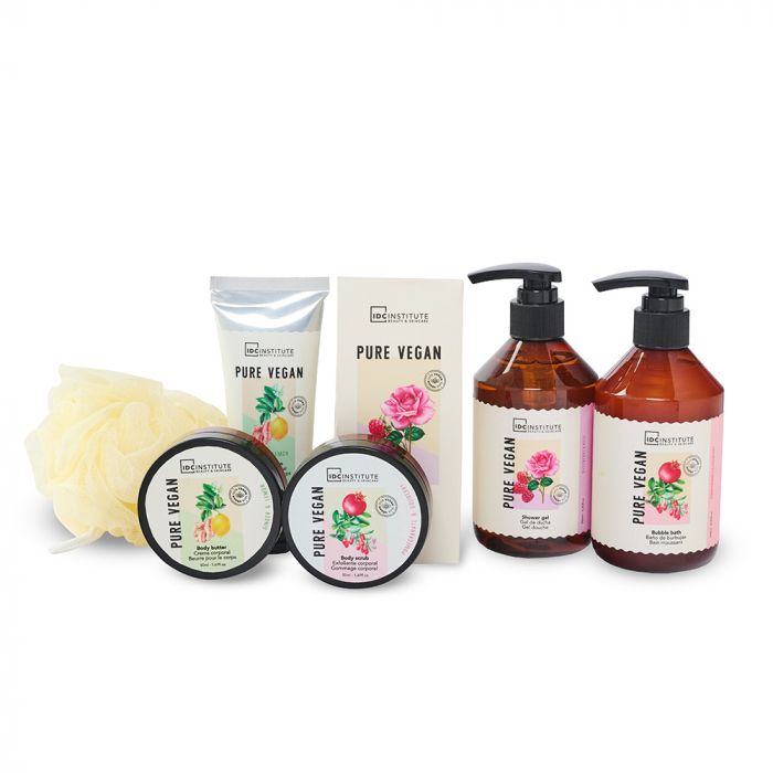 Set cadou femei, IDC INSTITUTE PURE VEGAN 7 PCS , seturi cosmetice cadou, set cadou craciun, gel de dus revigorant, crema corporala, spuma de baie, scrub, sare de baie, lotiune de corp, burete de baie [2]