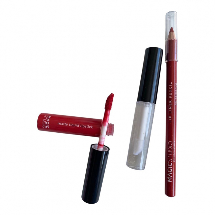Set gloss si creion de buze Shaky, Matte & Glossy, 60749, Rosu, Magic Studio, 2 g [2]