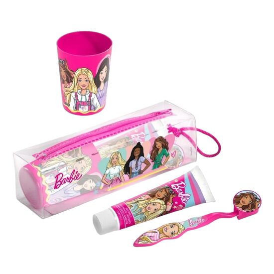 Set ingrijire orala pentru calatorie, Barbie, Periuta cu capac, pasta de dinti 75 ml, pahar si borseta, pentru fetite, 2042 [1]
