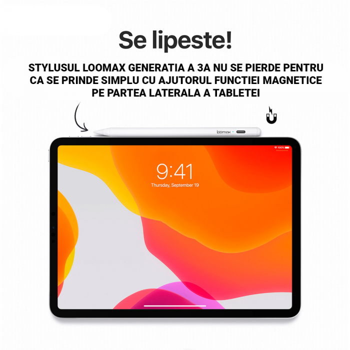 Stylus Pen, Loomax, pix pentru tableta iPad Apple, 10 penite anti-zgarieturi, 1 functie Palm Rejection, Tilt, Magnetic, USB-C, Alb [5]