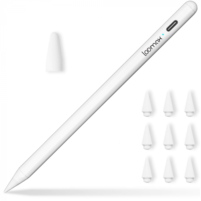 Stylus Pen, Loomax, pix pentru tableta iPad Apple, 10 penite anti-zgarieturi, 1 functie Palm Rejection, Tilt, Magnetic, USB-C, Alb [9]