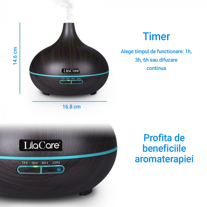 Umidificator difuzor aromaterapie, Lila Care, 500 ml, ultrasonic, cu telecomanda, Maro inchis [5]