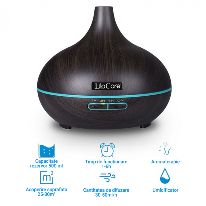 Umidificator difuzor aromaterapie, Lila Care, 500 ml, ultrasonic, cu telecomanda, Maro inchis [3]