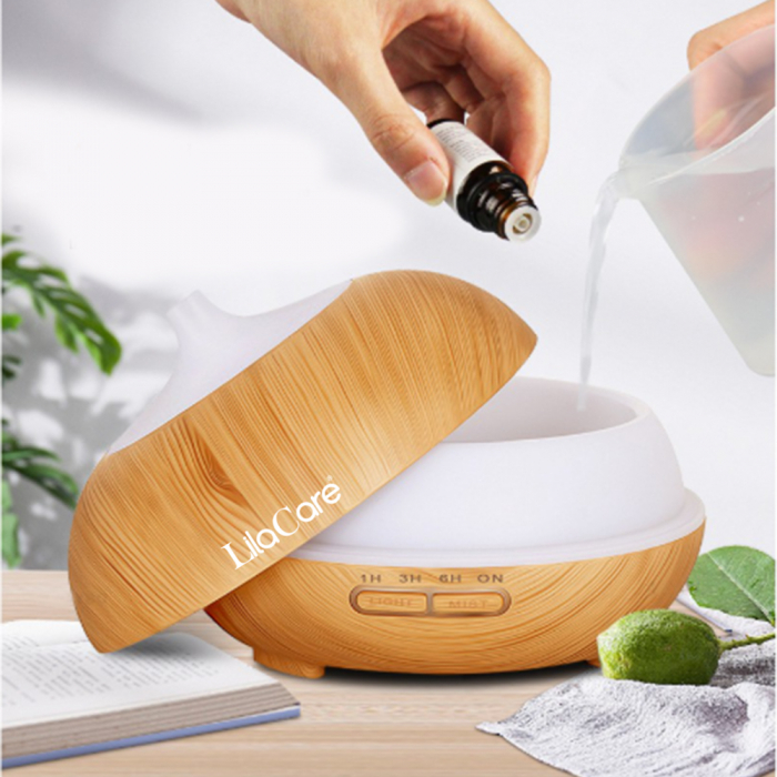 Umidificator si difuzor aromaterapie LilaCare, 500 ml, ultrasonic, cu telecomanda, lemn stejar [4]