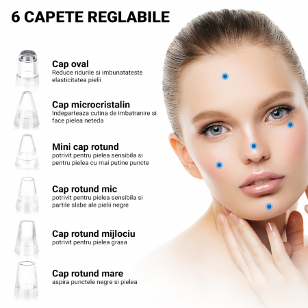 Aspirator facial Lila Care, ingrijire ten, indepartarea punctelor negre, minimizarea porilor, putere de aspirare mare, 6 capete inlocuibile, 3 nivele de rezistenta, ecran HD LED, portabil, alb-negru [11]