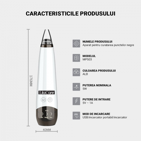Aspirator facial Lila Care, ingrijire ten, indepartarea punctelor negre, minimizarea porilor, putere de aspirare mare, 6 capete inlocuibile, 3 nivele de rezistenta, ecran HD LED, portabil, alb-negru [7]