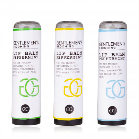 CADOURI - Set cadou barbati, balsam buze, 4.2g handmade lip balm GENTLEMEN'S GROOMING in plastic tube, 3 designs asst., aroma: Peppermint, PU 36 in display, set cadou craciun
