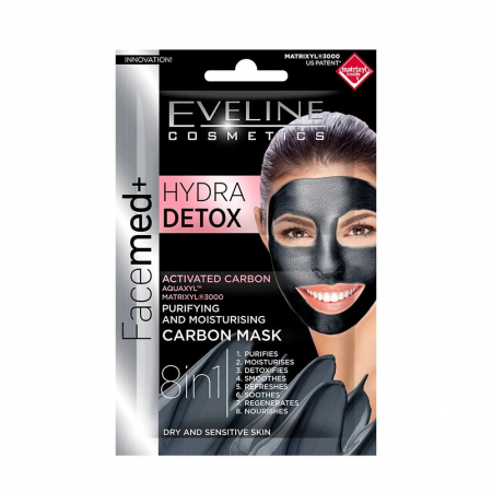 FATA, CORP - Masca de fata cu carbon pentru purificare si hidratare EVELINE FaceMed+ Hydra Detox 8in1 10ml