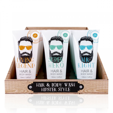 Set cadou barbati, gel de dus, 100ml hair body wash HIPSTER STYLE in tube, 3 designs asst., fragrance: Oak Citrus, col. white/orange/blue, PU 18 in display / 1 display per inner carton / 4 per out [2]