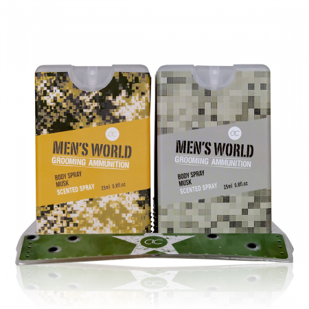 Set cadou barbati, spray corp, 25g body mist MEN'S WORLD, 2 camouflage designs assorted, fragrance: Oak Amber, PU 18 in display / 72, set cadou craciun
