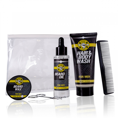 CADOURI - Set cadou barbati, gel de dus, ulei barba, ceara barba, foarfece barba, Bath set BATH BODY TOOLS in PVC bag, incl. 100ml hair body wash, 50ml beard oil, 20g beard wax, beard scissors, hair comb, f