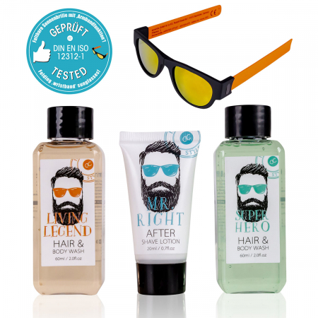 CADOURI - Set cadou barbati, gel de dus, after shave , ochelari soare, Bath set HIPSTER STYLE in paper gift box, incl. 2 * 60ml hair body wash, 20ml after shave lotion and Wrist Slap Foldable Sunglasses, frag