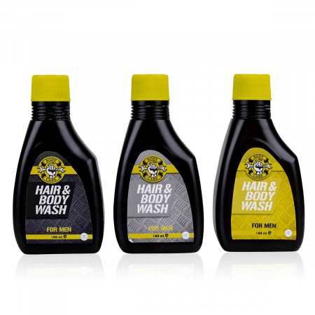 CADOURI - Set cadou barbati, gel de dus, 100ml hair body wash BATH BODY TOOLS in bottle (shape: engine oil bottle), fragrance: Musk, 3 designs/colors asst.: black / yellow / grey, PU 18 in display / 72 in c