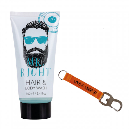 CADOURI - Set cadou barbati, gel de dus, breloc, Bath set HIPSTER STYLE in paper gift box, incl. 100ml hair body wash, key ring/bottle opener, fragrance: Oak Citrus, col. white/orange/blue, PU 6/24, set cad