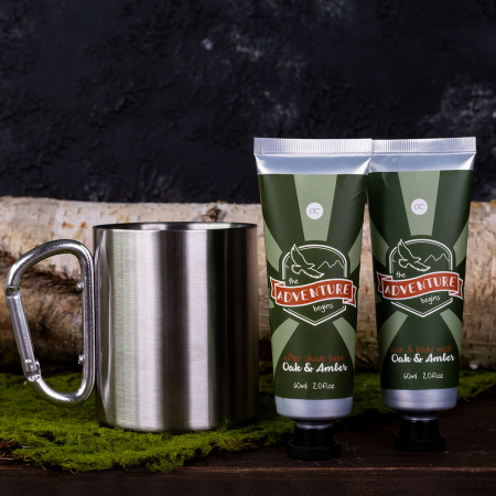 CADOURI - Set cadou barbati, gel de dus, cana metal, balsam after shave, Bath set ADVENTURE COLLECTION in stainless-steel mug (350ml) with carabiner handle, incl. 60ml hair body wash, 60ml after shave balm, f