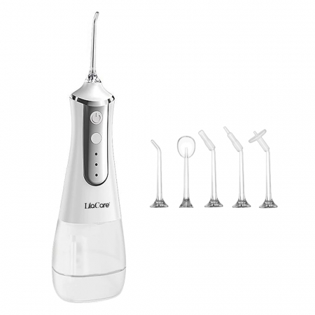 ACASA - Irigator bucal profesional, dus bucal, Lila Care, Ultra-Portabil, 5 Capete Curatare, rezervor 350 ml, alb