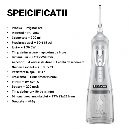 Irigator oral Lila Care, portabil, USB, jet de apa dentar, 3 moduri, rezervor de apa impermeabil dinti, 4 capete inlocuibile, 320 ml, Alb [3]