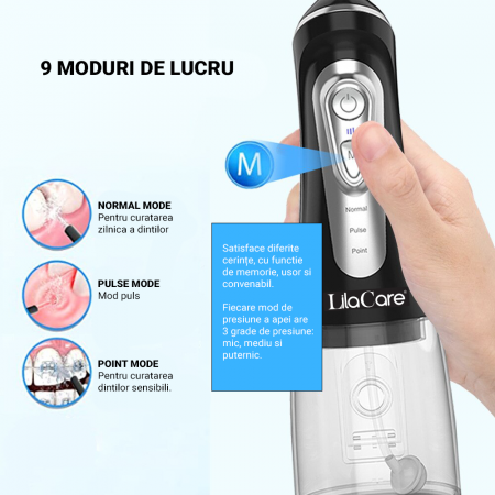 Irigator oral Lila Care, portabil, USB, jet de apa dentar, 3 moduri, rezervor de apa impermeabil dinti, 4 capete inlocuibile, 320 ml, Negru [3]