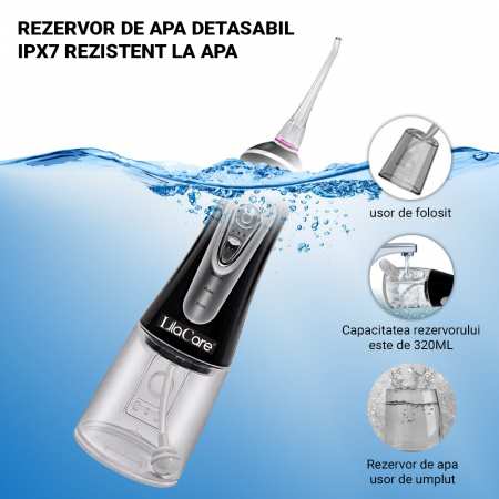 Irigator oral Lila Care, portabil, USB, jet de apa dentar, 3 moduri, rezervor de apa impermeabil dinti, 4 capete inlocuibile, 320 ml, Negru [2]