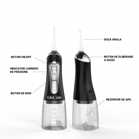 Irigator oral Lila Care, portabil, USB, jet de apa dentar, 3 moduri, rezervor de apa impermeabil dinti, 4 capete inlocuibile, 320 ml, Negru [5]