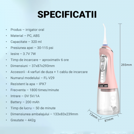Irigator oral Lila Care, portabil, USB, jet de apa dentar, 3 moduri, rezervor de apa impermeabil dinti, 4 capete inlocuibile, 320 ml, Roz [3]