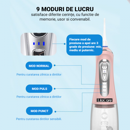 Irigator oral Lila Care, portabil, USB, jet de apa dentar, 3 moduri, rezervor de apa impermeabil dinti, 4 capete inlocuibile, 320 ml, Roz [2]