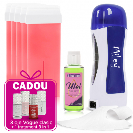 Kit epilare Lila Care cu ceara roll-on Silky Skin Rose 5 x 100 ml, 1 x incalzitor ceara, 1 x ulei dupa epilare, 1 x set 50 benzi epilare [1]