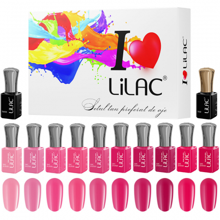 Kit oja semipermanenta, 12 oje Lilac, Pink colors, 10 culori + base coat + top coat [7]