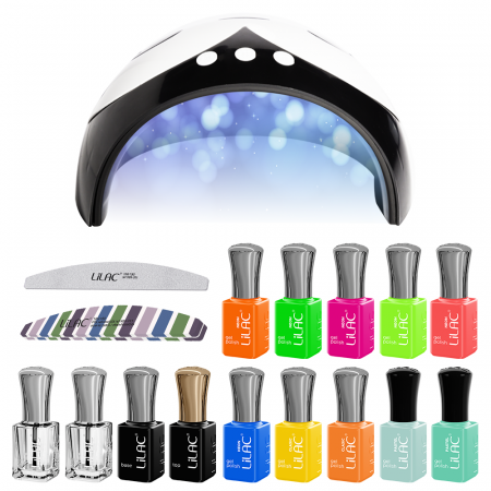 Kit oja semipermanenta Lilac, 14 oje, 10 Neon, Basic, Pastel Colors + Top Coat + Base Coat + Nail Prep + Ultra Bond, Lampa 36 W, pila unghii si buffer [11]