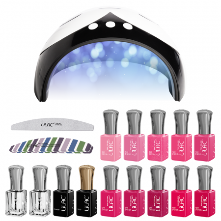 Kit oja semipermanenta Lilac, 14 oje, 10 Pink Colors + Top Coat + Base Coat + Nail Prep + Ultra Bond, Lampa 36 W, pila unghii si buffer [10]