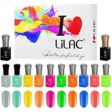 Kit oja semipermanenta Lilac, Neon colors, 12 oje: 10 culori, base coat si top coat [0]